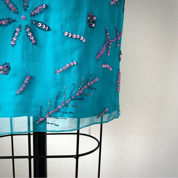 Y2K METRO SECTION 100% SILK HAND BEADED TEAL COCKTAIL DRESS - Picture 8 of 8
